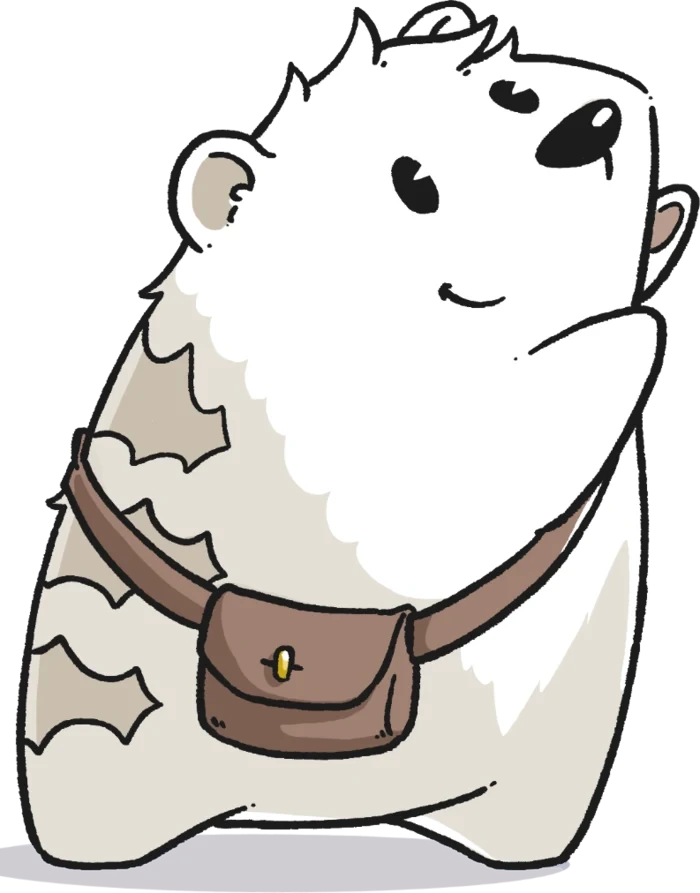 A dassie with a satchel looks up and to the side