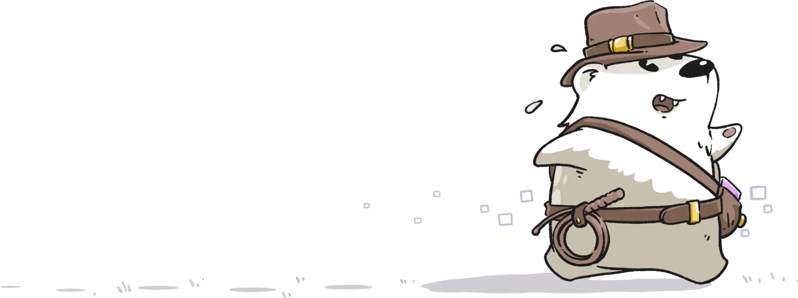 A dassie explorer in a fedora runs to the right, packets trailing behind