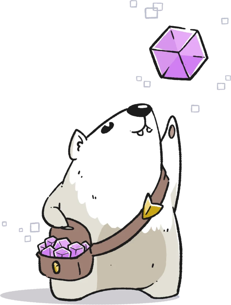 A dassie with a satchel full of violet cubes looks up at a cube