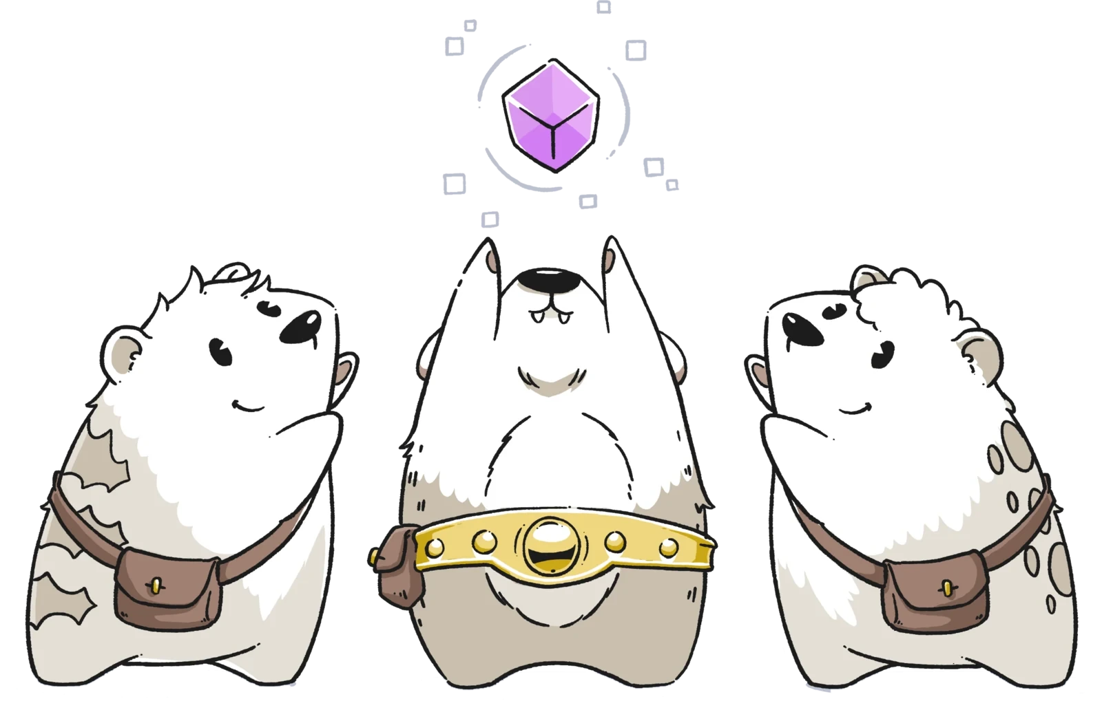 Three dassies look up together at a floating violet cube