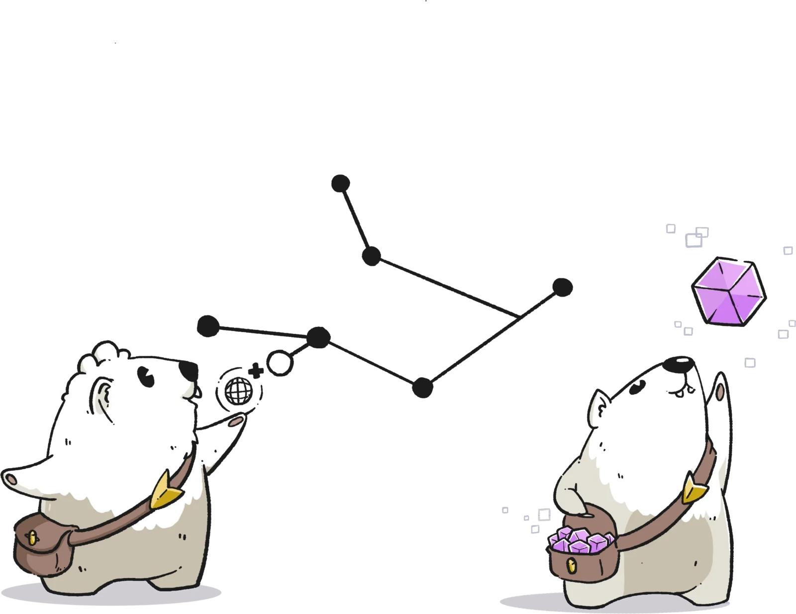 One dassie adds a new node to a network while another holds a bag of violet cubes